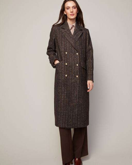Bennett double breasted long tweed wool blend coat