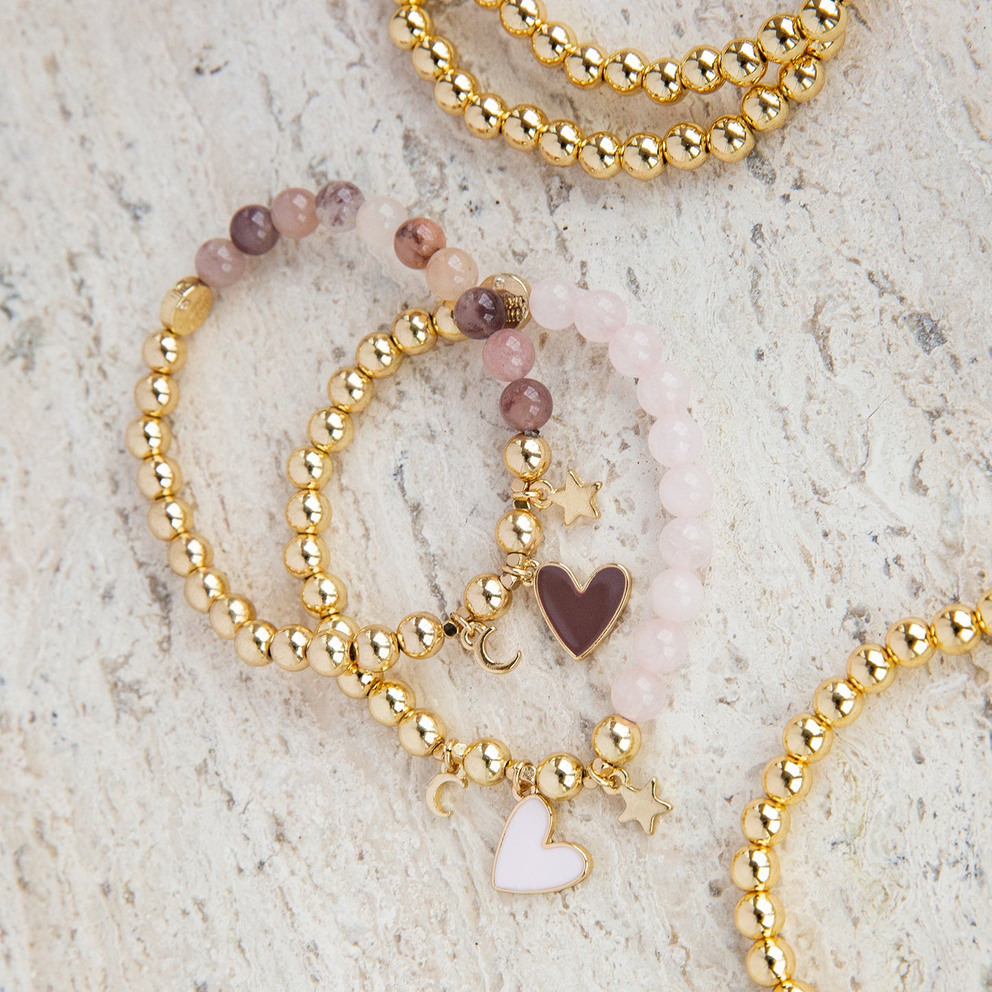 rose quartz enamel heart charm beaded bracelet