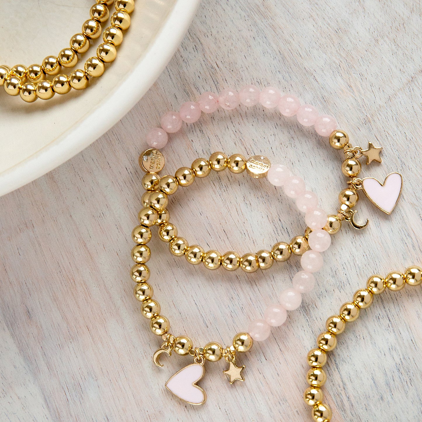 rose quartz enamel heart charm beaded bracelet