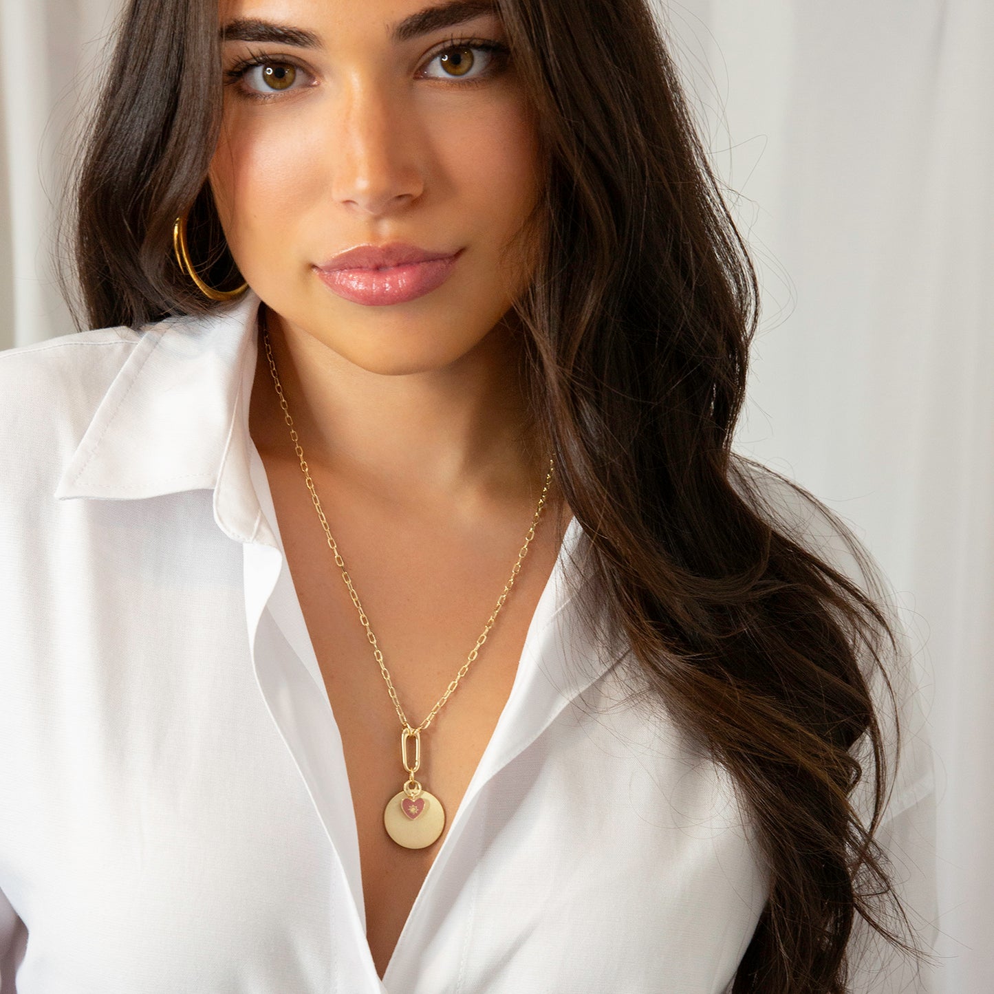 pink enamel heart disc pendant necklace