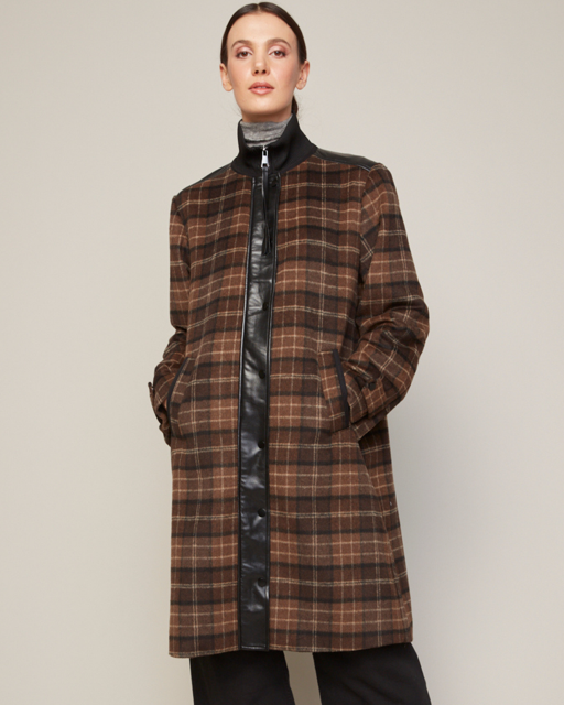 Brooke wool blend plaid coat with vegan leather trims and knit rib collar