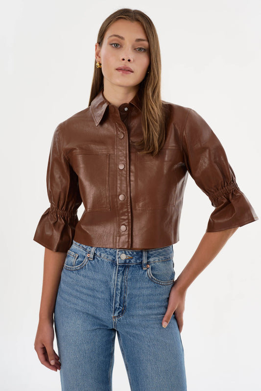 LaMarque Carolina Cropped Ruffle-Sleeve Leather Jacket