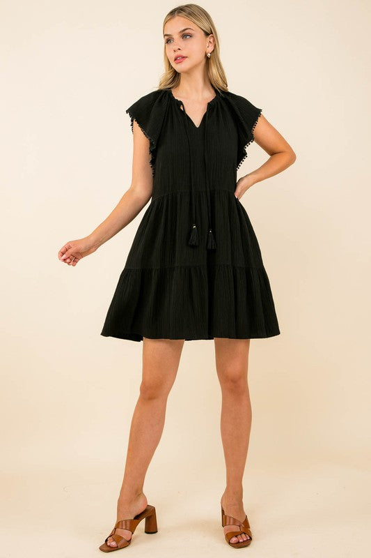 Tassel tie flutter sleeve tiered dress
