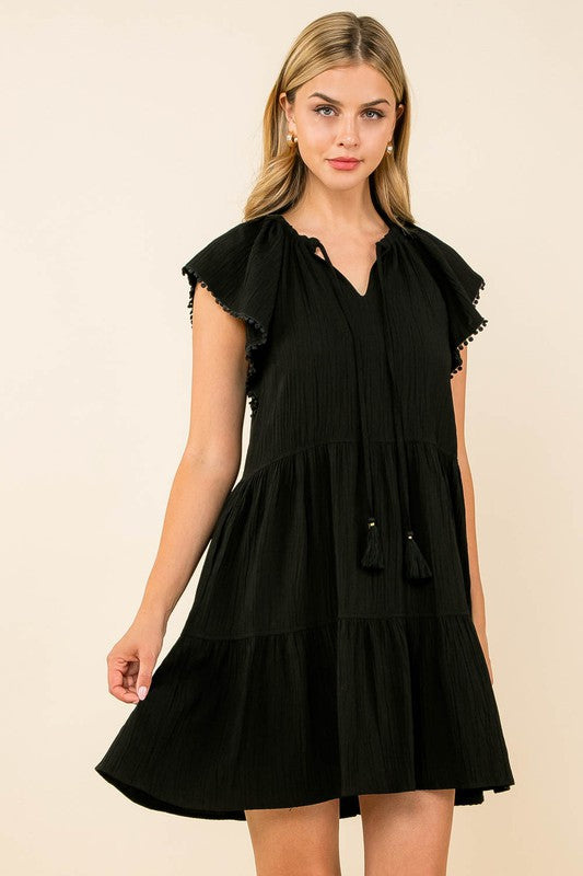 Tassel tie flutter sleeve tiered dress