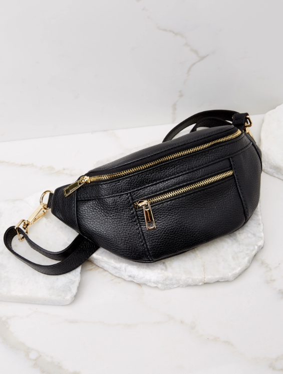 For Travel's Sake Black Leather Fanny Pack