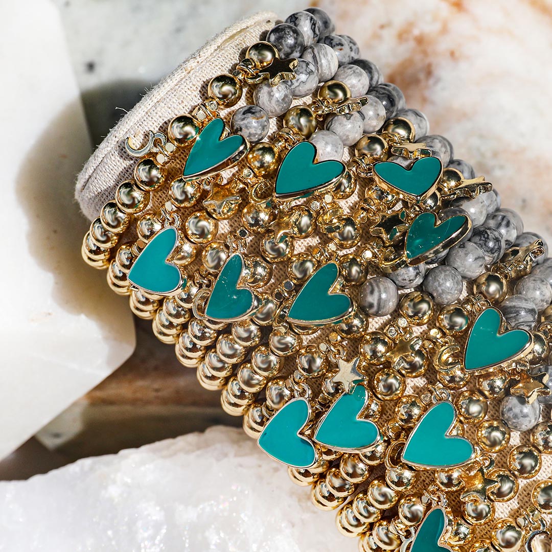 teal enamel heart charm beaded bracelet