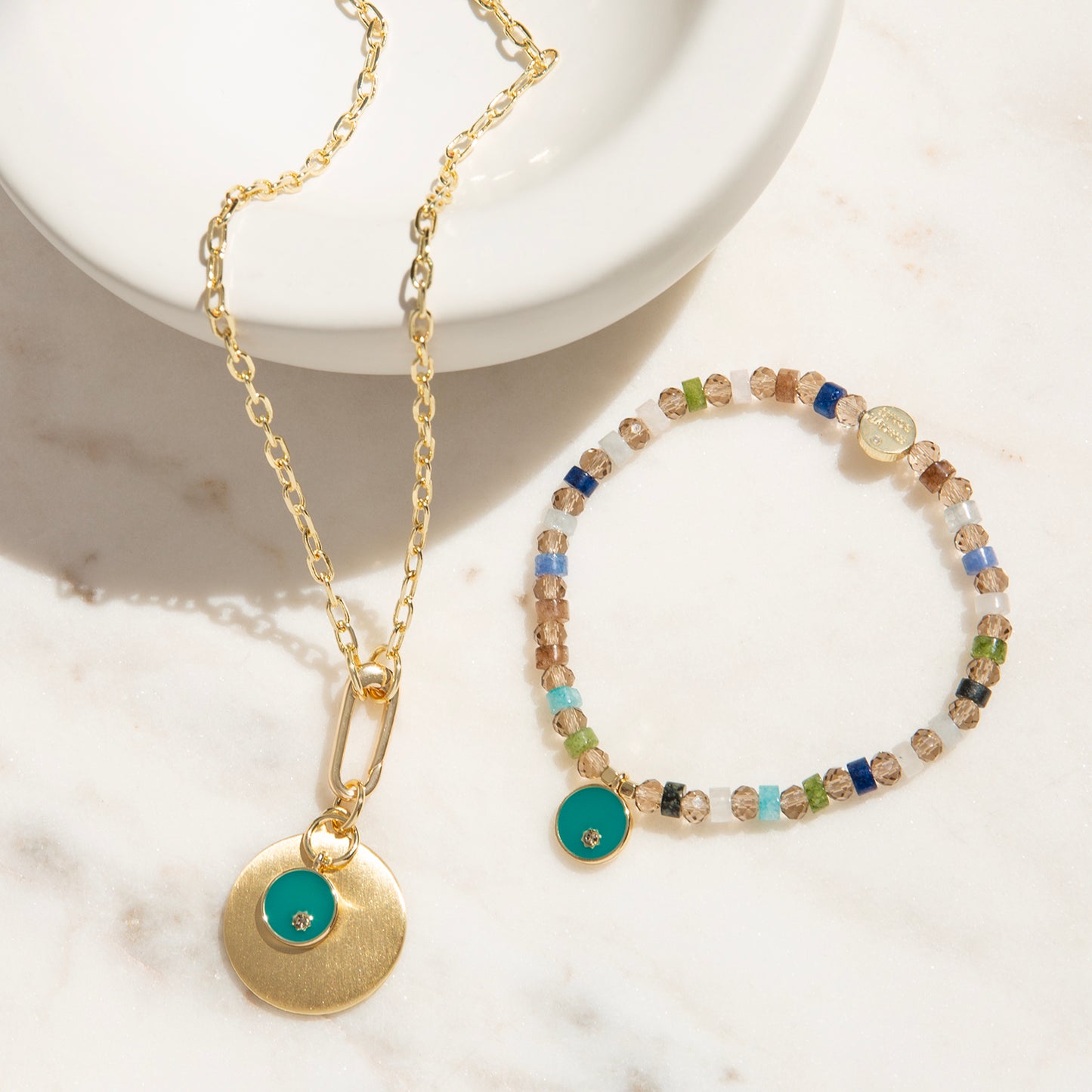 teal double disc pendant necklace