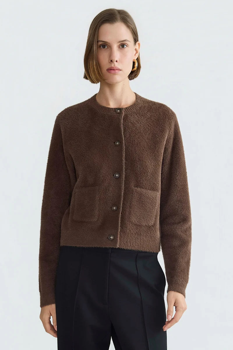 Adroit Dottie, knitted eyelash cardigan w/patch pockets