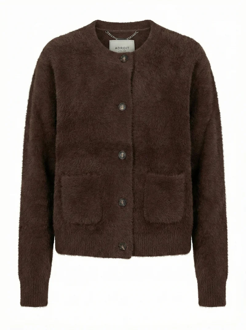 Adroit Dottie, knitted eyelash cardigan w/patch pockets
