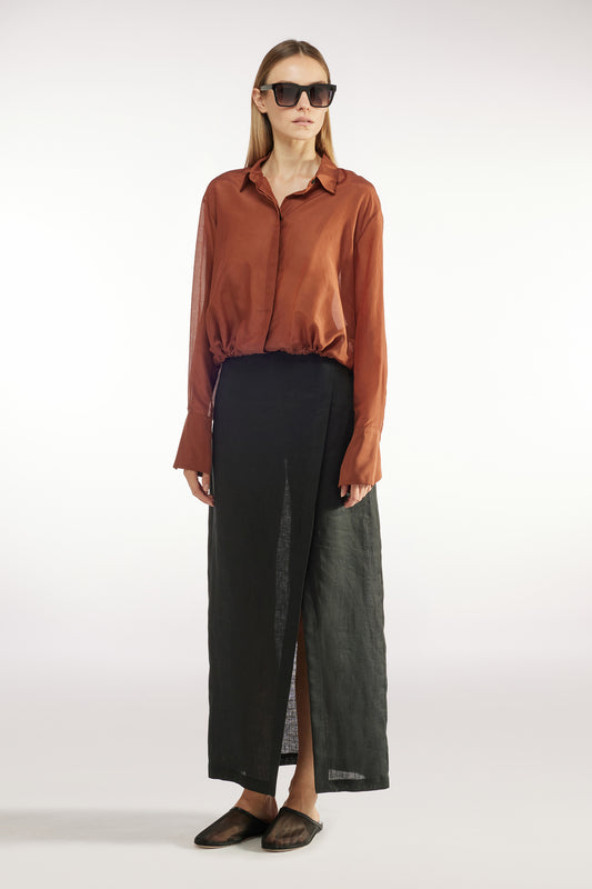 Liviana Conti Sheer Button Up Rust Top
