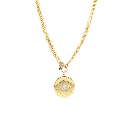 gold plated large evil eye pendant necklace